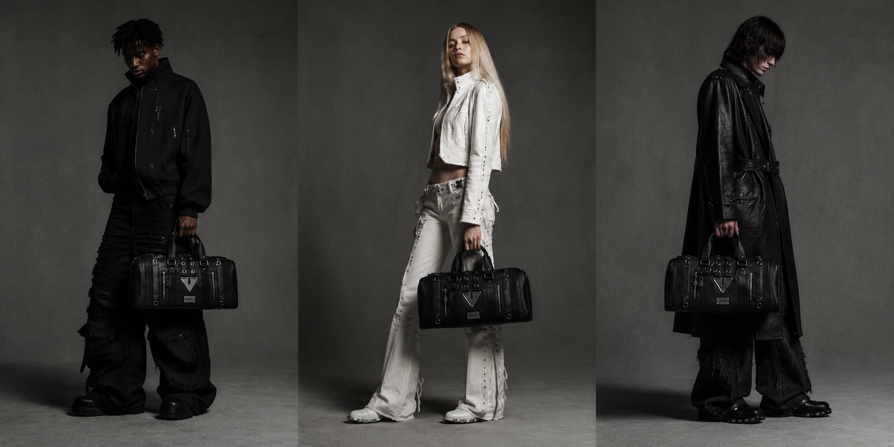 Three editorial portraits of models holding the 14co studio black duffle bag